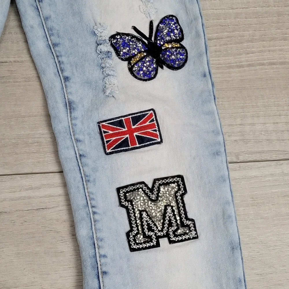 🔥Rebel Love Womens Skinny‎ Jeans 5/6 Distressed Blue Denim Y2K Retro Patches